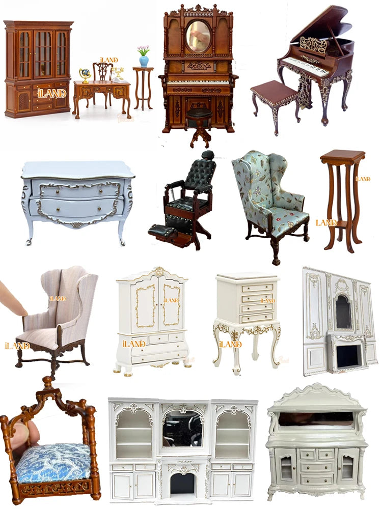 Armario de casa de muñecas en miniatura a escala 1:12, armario, piano tallado, silla suave, muebles en miniatura