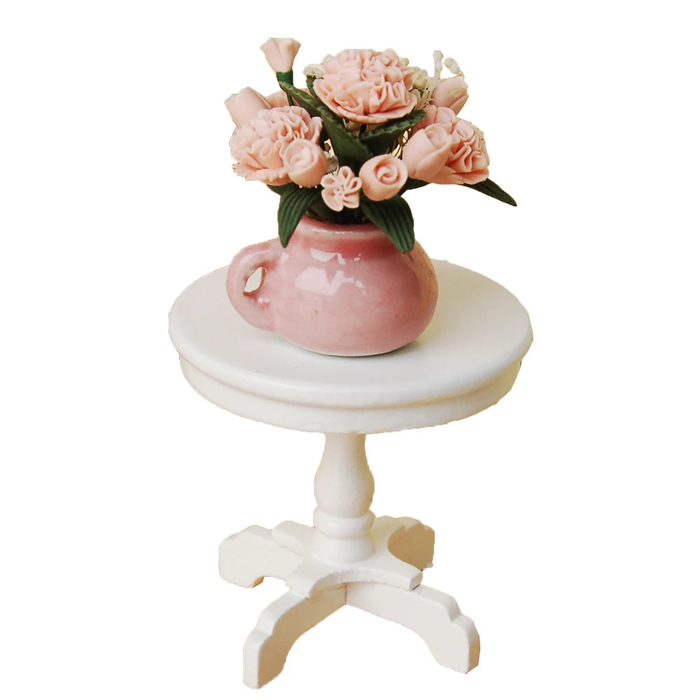 1:12 Scale Miniature Dollhouse Round Table With Potted Flower Living Room Decoration Accessories