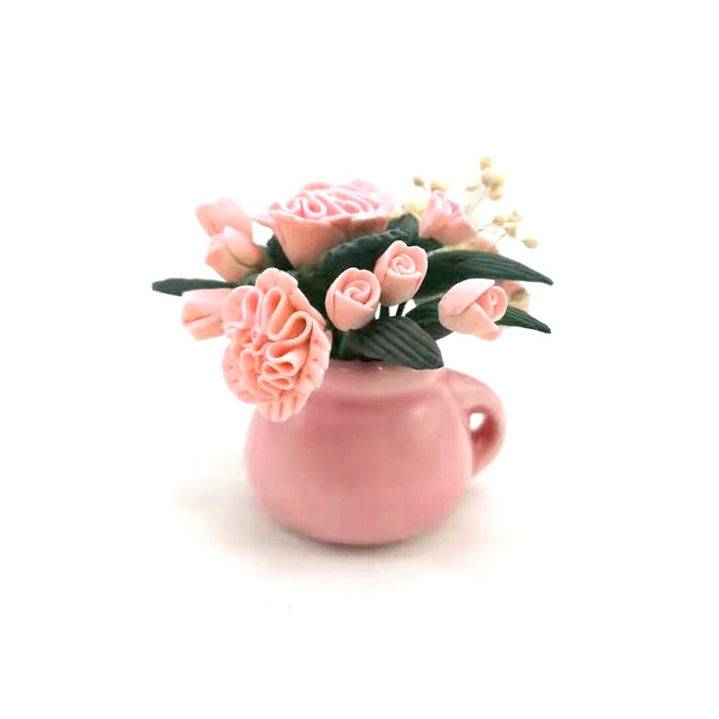 1:12 Scale Miniature Dollhouse Round Table With Potted Flower Living Room Decoration Accessories