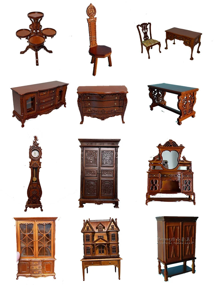 1:12 Scale European Style Miniature Dollhouse Furniture Set Carved Table Chair Computer Desk Office Scene Miniature Decor