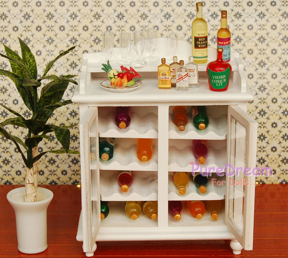 1:12 Scale Dollhouse Furniture Wooden Wine Cabinet Buffet Hutch White Walnut Display Kitchen Miniature