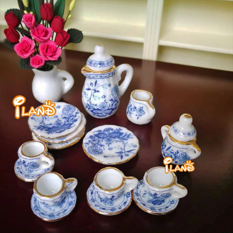 1:12 Scale Miniature Porcelain Tea Set Dining Ware 15PCS For Dollhouse Accessories