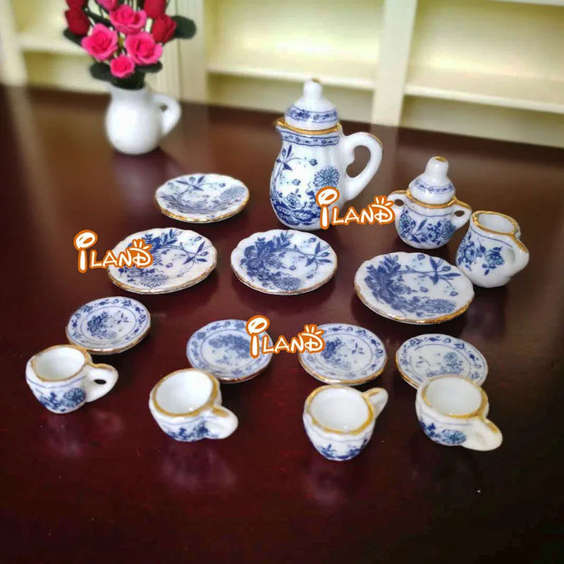 1:12 Scale Miniature Porcelain Tea Set Dining Ware 15PCS For Dollhouse Accessories