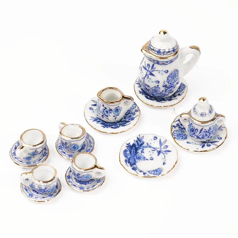 1:12 Scale Miniature Porcelain Tea Set Dining Ware 15PCS For Dollhouse Accessories