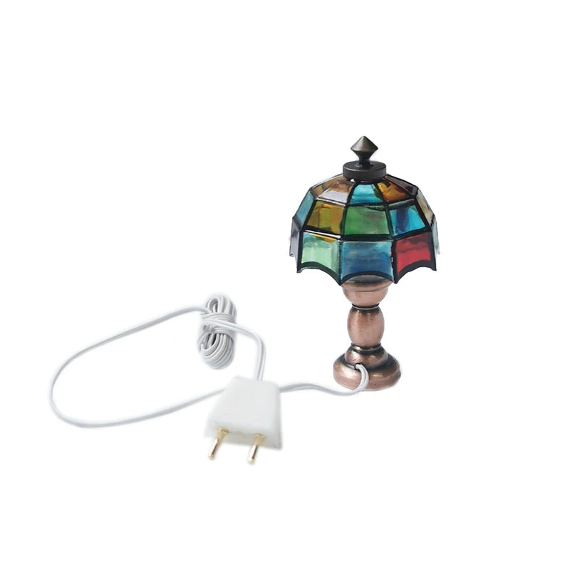 1:12 Scale Miniature Table Lamp Tiffany Tessellate Light Study Room Bedroom Dollhouse Accessories