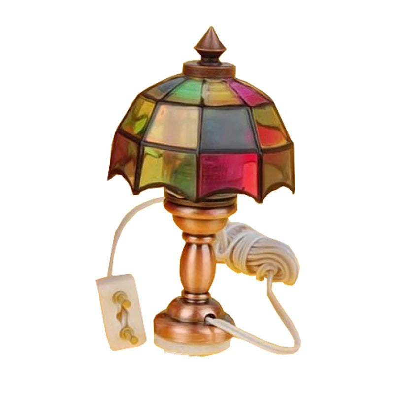 1:12 Scale Miniature Table Lamp Tiffany Tessellate Light Study Room Bedroom Dollhouse Accessories