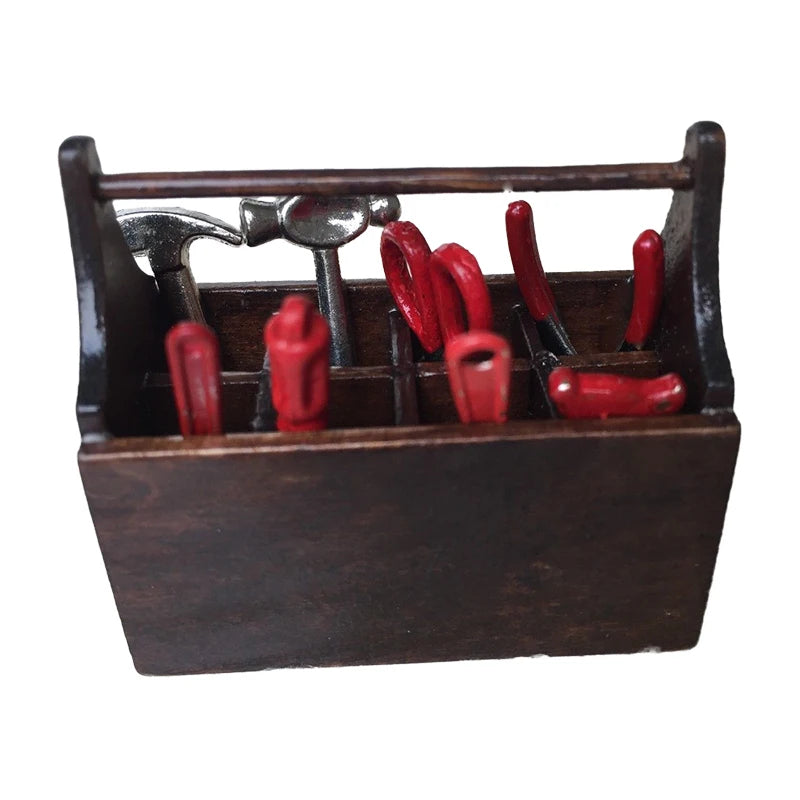 1:12 Scale Miniature Dollhouse Accessories Tool Box Kit With Wood Box Metal Hammer Plier Scissor Saw Screwdriver Model