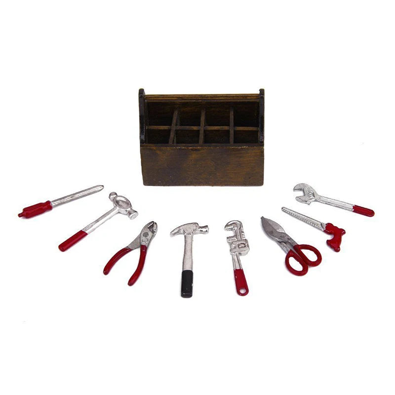 1:12 Scale Miniature Dollhouse Accessories Tool Box Kit With Wood Box Metal Hammer Plier Scissor Saw Screwdriver Model
