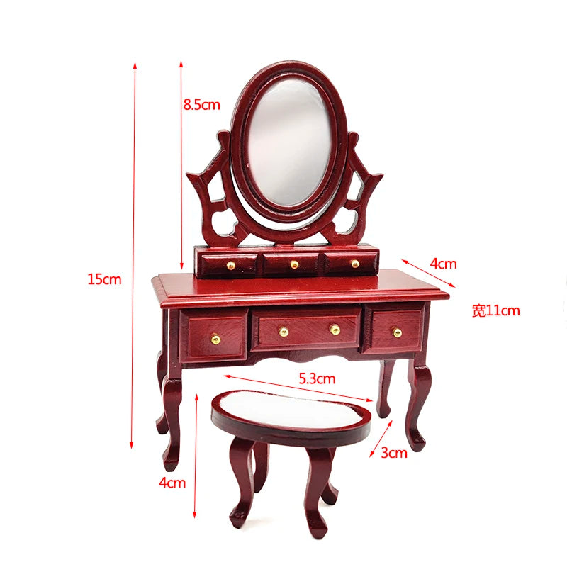 1:12 Scale Miniature Dollhouse Bedroom Furniture Wooden Dressing Table With Mirror Vanity Stool WB024