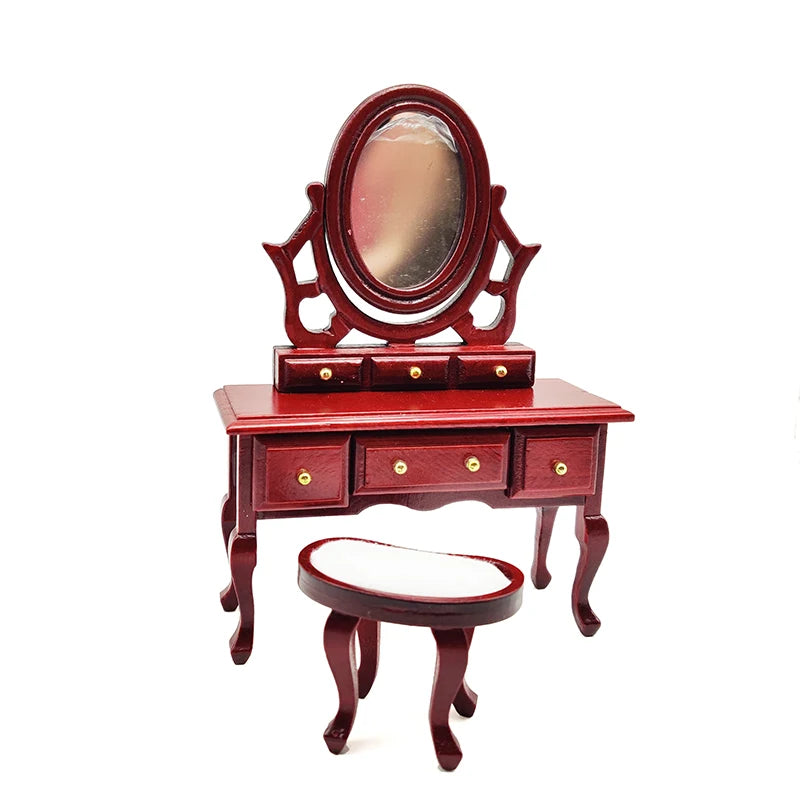 1:12 Scale Miniature Dollhouse Bedroom Furniture Wooden Dressing Table With Mirror Vanity Stool WB024