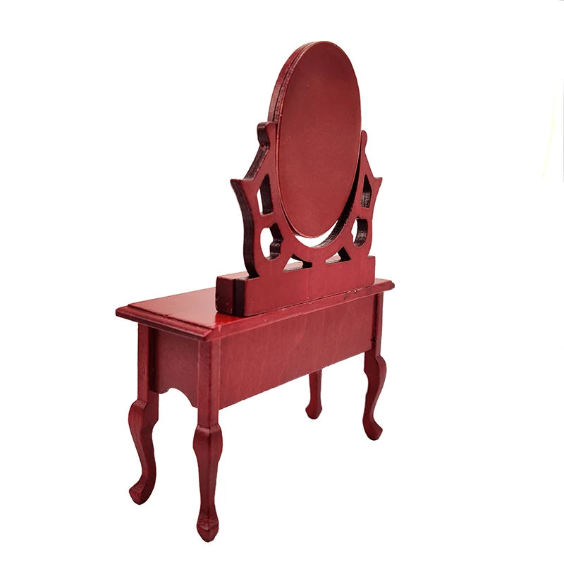 1:12 Scale Miniature Dollhouse Bedroom Furniture Wooden Dressing Table With Mirror Vanity Stool WB024