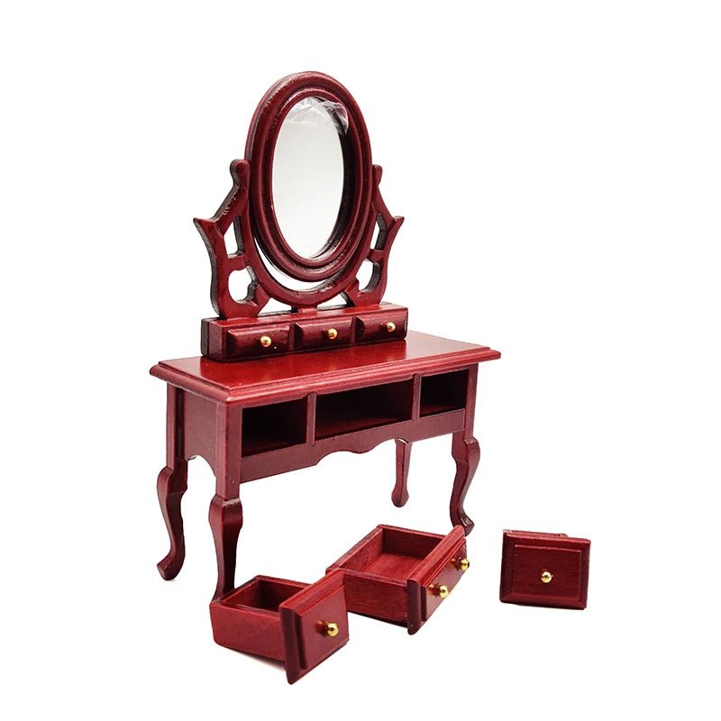 1:12 Scale Miniature Dollhouse Bedroom Furniture Wooden Dressing Table With Mirror Vanity Stool WB024