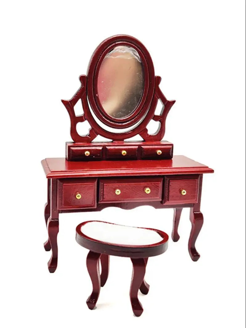 1:12 Scale Miniature Dollhouse Bedroom Furniture Wooden Dressing Table With Mirror Vanity Stool WB024