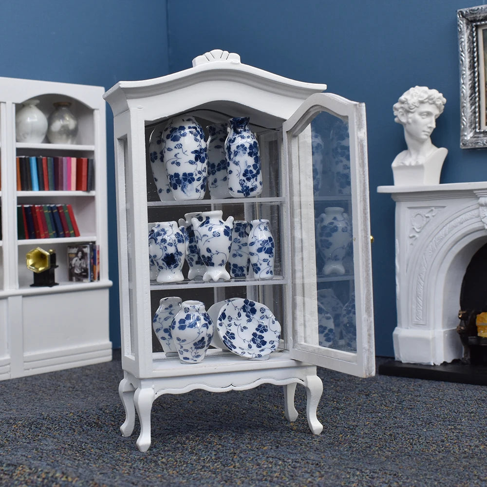 1:12 Scale Miniature Porcelain Vase Blue Vine For Dollhouse Accessories