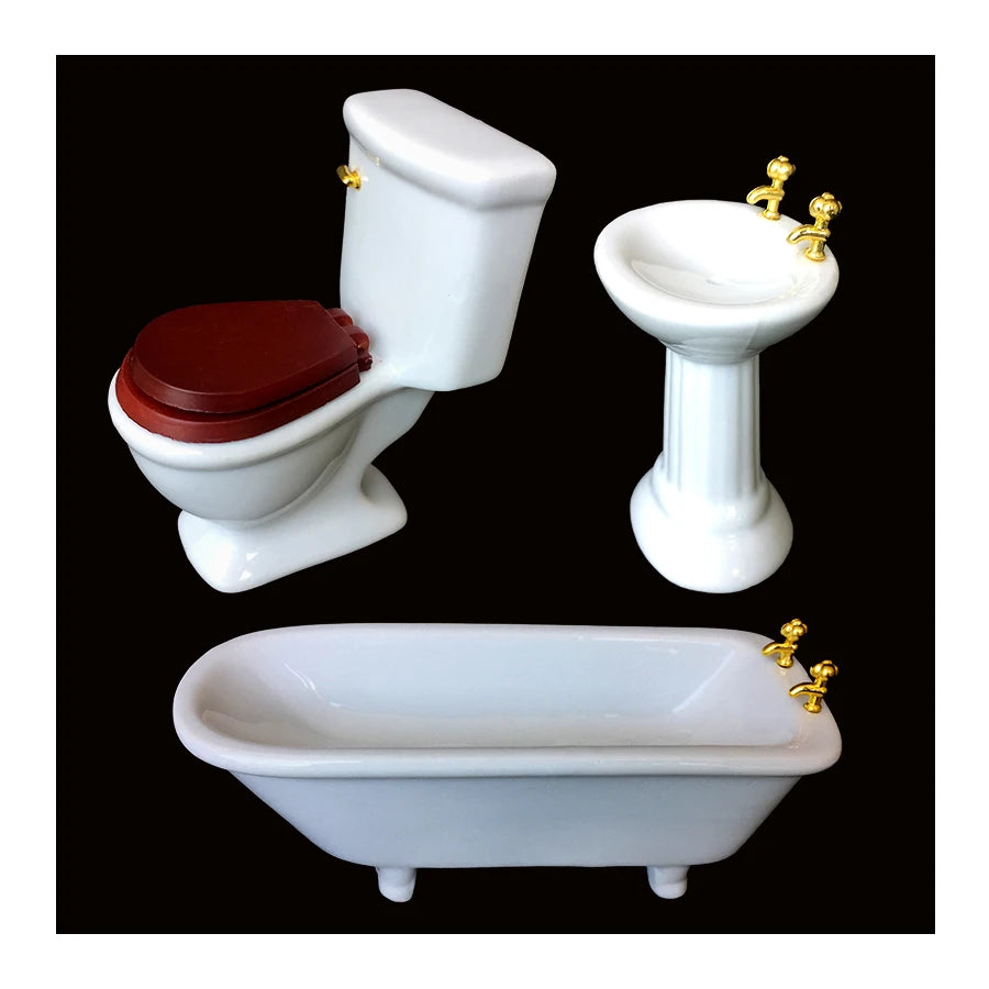 1:12 Scale Miniature Bathroom Set White Toilet Sink Bathtub Dollhouse Furniture