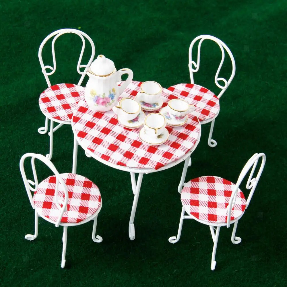 1:12 Scale Miniature Dining Table And Chair Set Iron Delicate Red Lattice Dollhouse Furniture