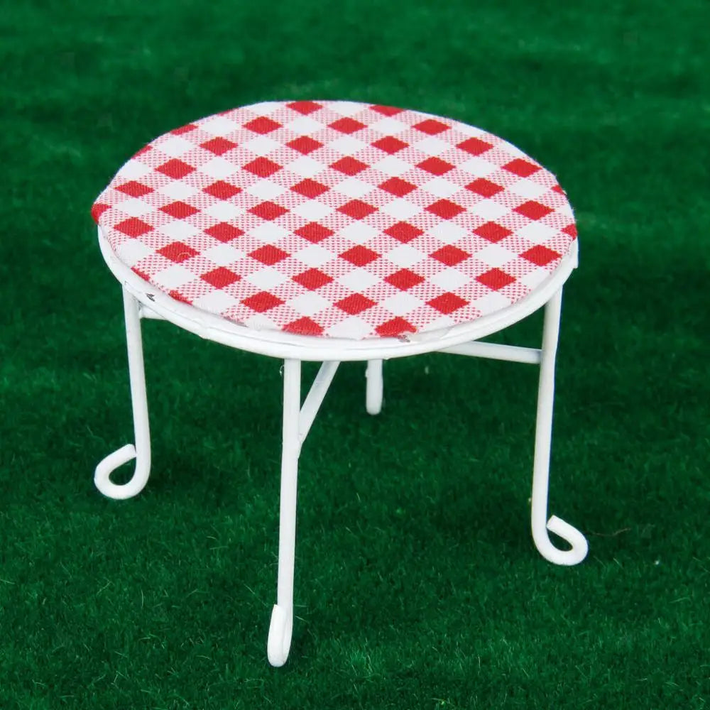 1:12 Scale Miniature Dining Table And Chair Set Iron Delicate Red Lattice Dollhouse Furniture
