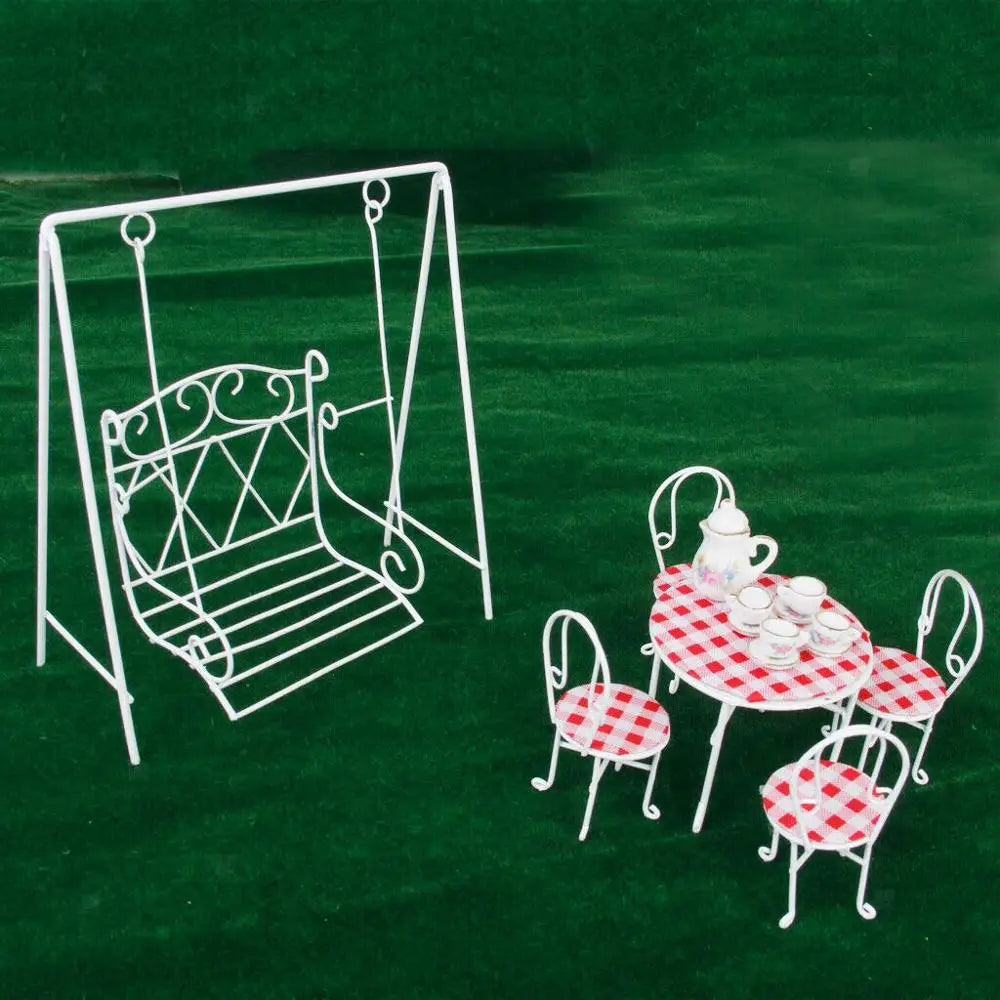 1:12 Scale Miniature Dining Table And Chair Set Iron Delicate Red Lattice Dollhouse Furniture