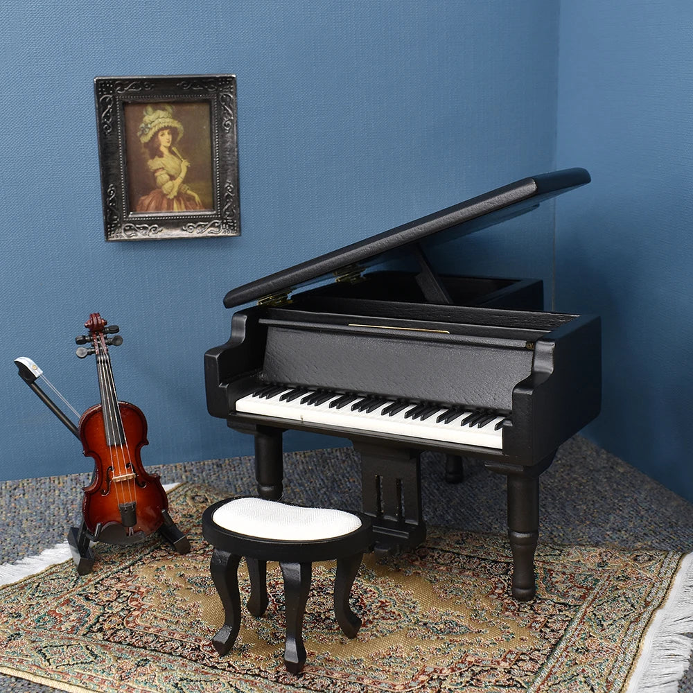 1:12 Dollhouse Miniature Furniture Grand Piano And Stool Music Instrument Wood 2 Colors Available White And Black