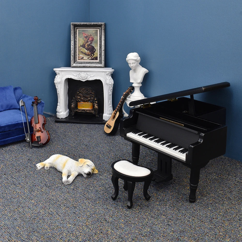 1:12 Dollhouse Miniature Furniture Grand Piano And Stool Music Instrument Wood 2 Colors Available White And Black