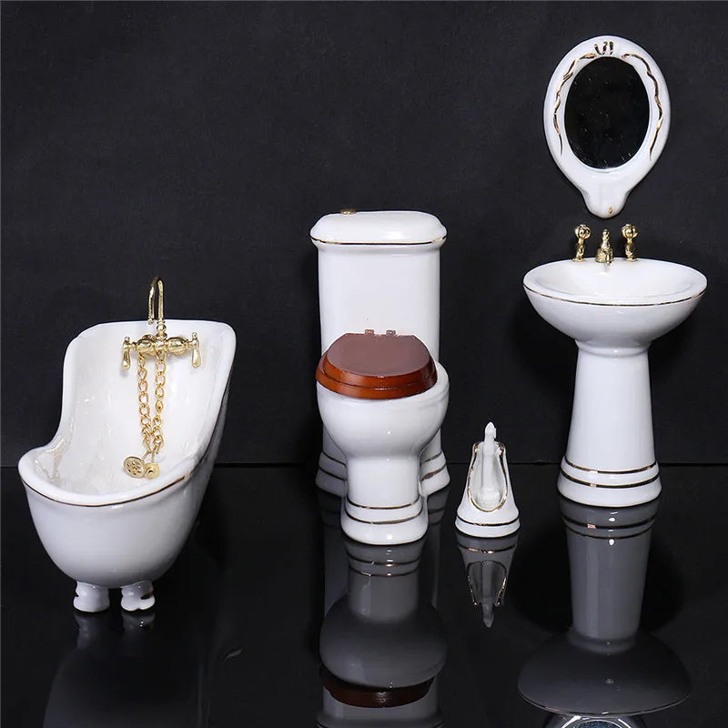1:12 Scale Miniature Dollhouse Furniture Porcelain Bathroom Set White Toilet Basin Mirror 5Pcs For Dollhouse Accessories