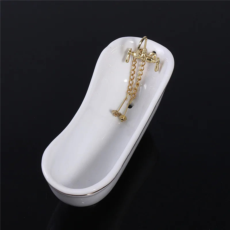 1:12 Scale Miniature Dollhouse Furniture Porcelain Bathroom Set White Toilet Basin Mirror 5Pcs For Dollhouse Accessories