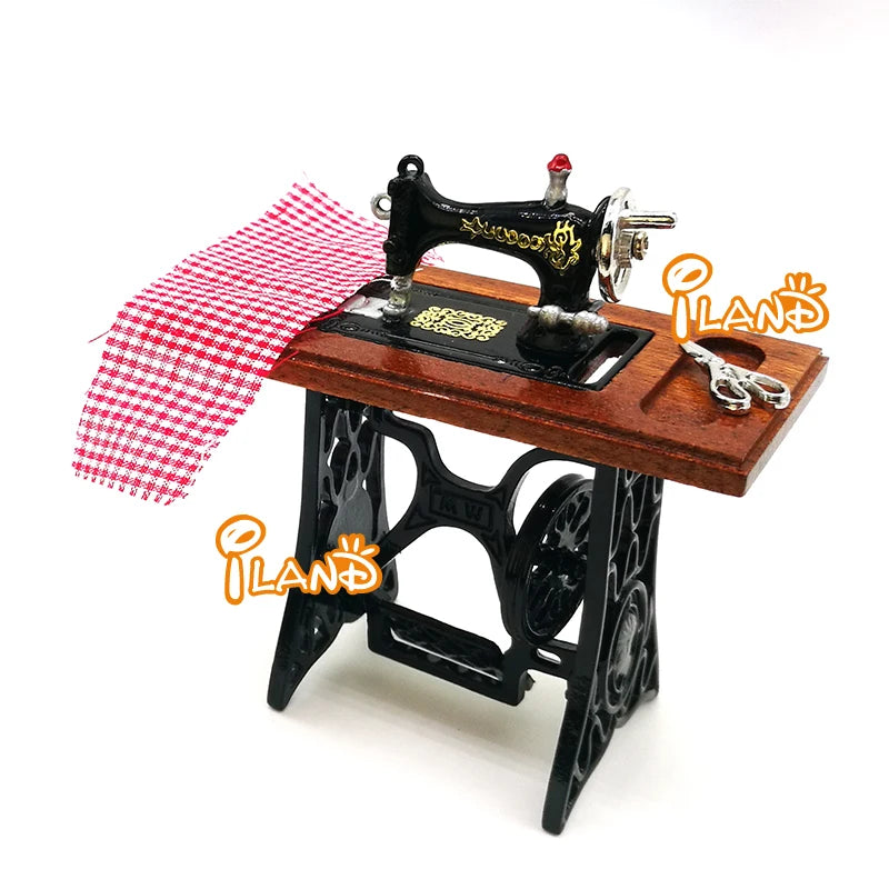 1:12 Scale Miniature Dollhouse Wooden Sewing Machine With Scissors Cloth Accessory Decor Toy For Girls Gift