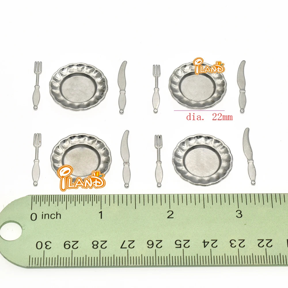 1:12 Scale Miniature Kitchen Accessories Tableware Dining Plate Knife Fork Spoon Metal Cutlery Dollhouse Miniature
