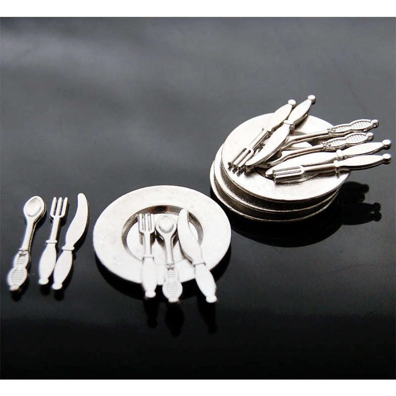 1:12 Scale Miniature Kitchen Accessories Tableware Dining Plate Knife Fork Spoon Metal Cutlery Dollhouse Miniature