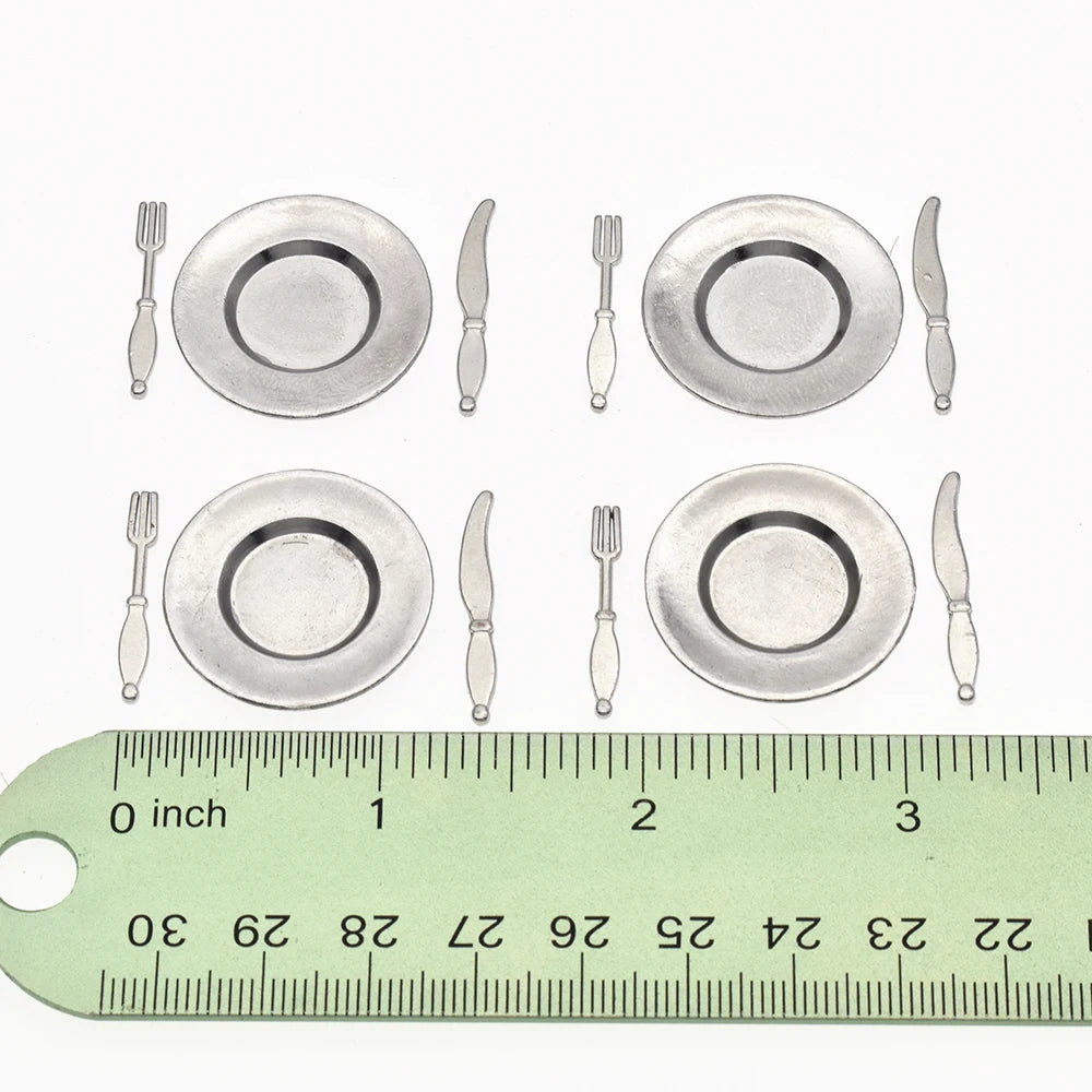 1:12 Scale Miniature Kitchen Accessories Tableware Dining Plate Knife Fork Spoon Metal Cutlery Dollhouse Miniature