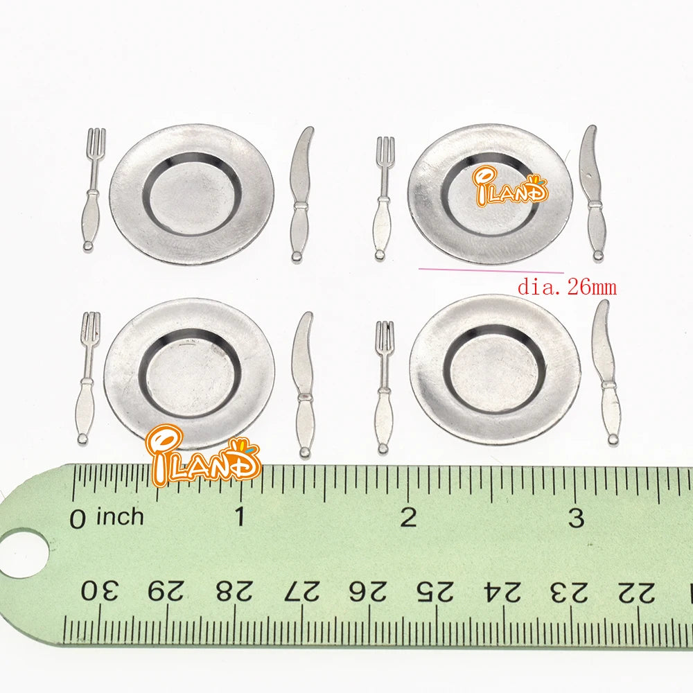 1:12 Scale Miniature Kitchen Accessories Tableware Dining Plate Knife Fork Spoon Metal Cutlery Dollhouse Miniature