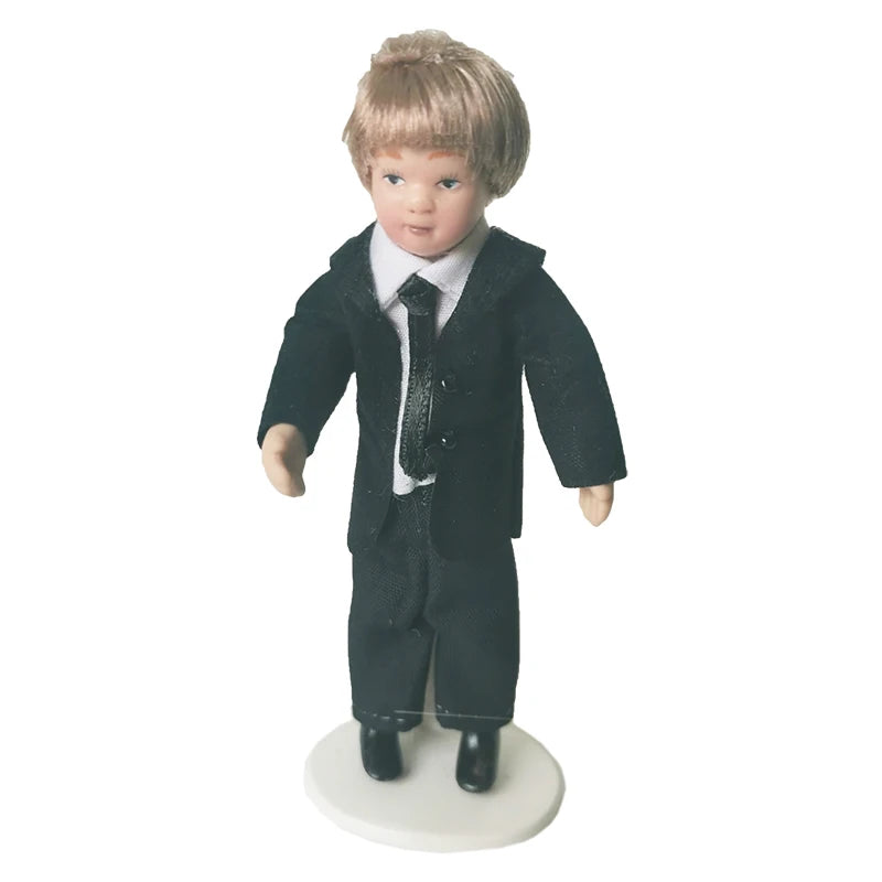 1:12 Scale Miniature Porcelain Doll Pretty Little Boy In Black Suit Dollhouse Model