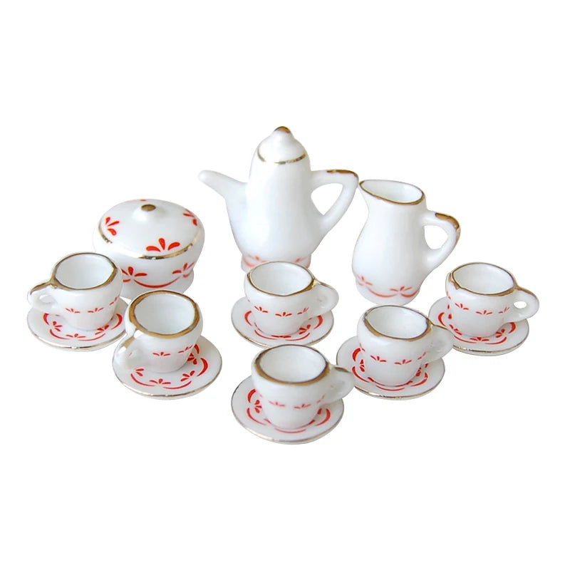 1:12 Scale Miniature Porcelain Tea Set With Colorful Flower For Dollhouse Accessories 15PCS
