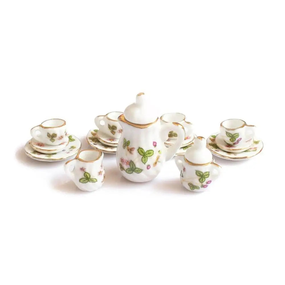 1:12 Scale Miniature Porcelain Tea Set With Colorful Flower For Dollhouse Accessories 15PCS