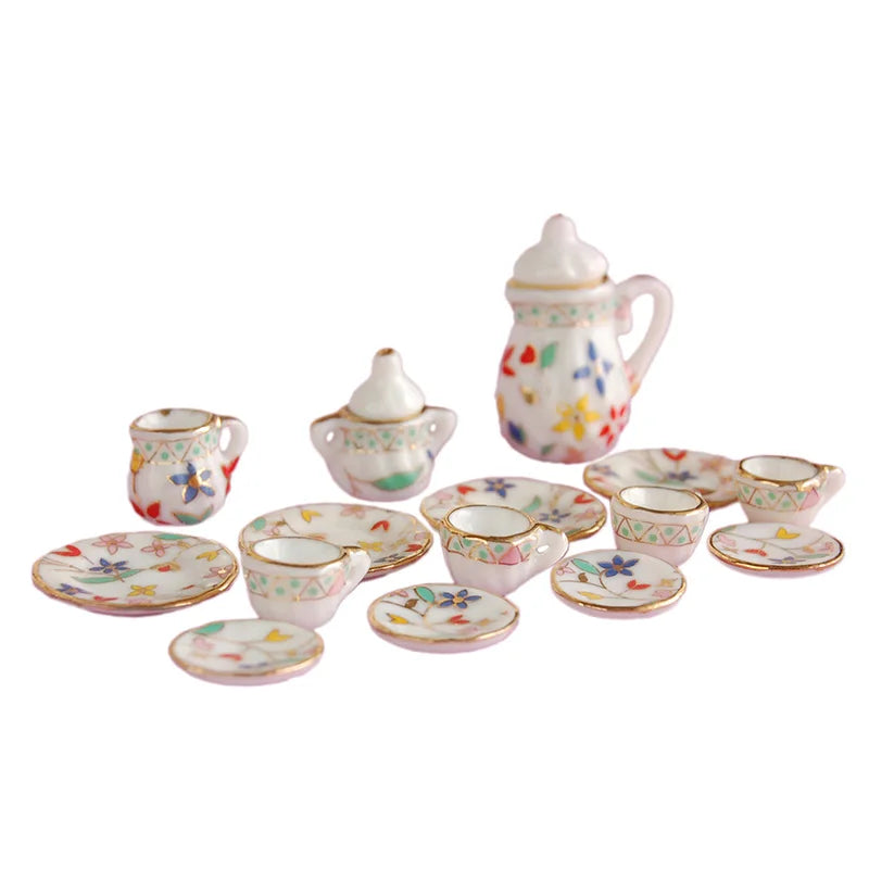 1:12 Scale Miniature Porcelain Tea Set With Colorful Flower For Dollhouse Accessories 15PCS