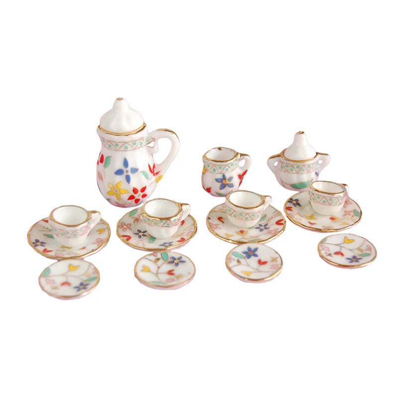 1:12 Scale Miniature Porcelain Tea Set With Colorful Flower For Dollhouse Accessories 15PCS