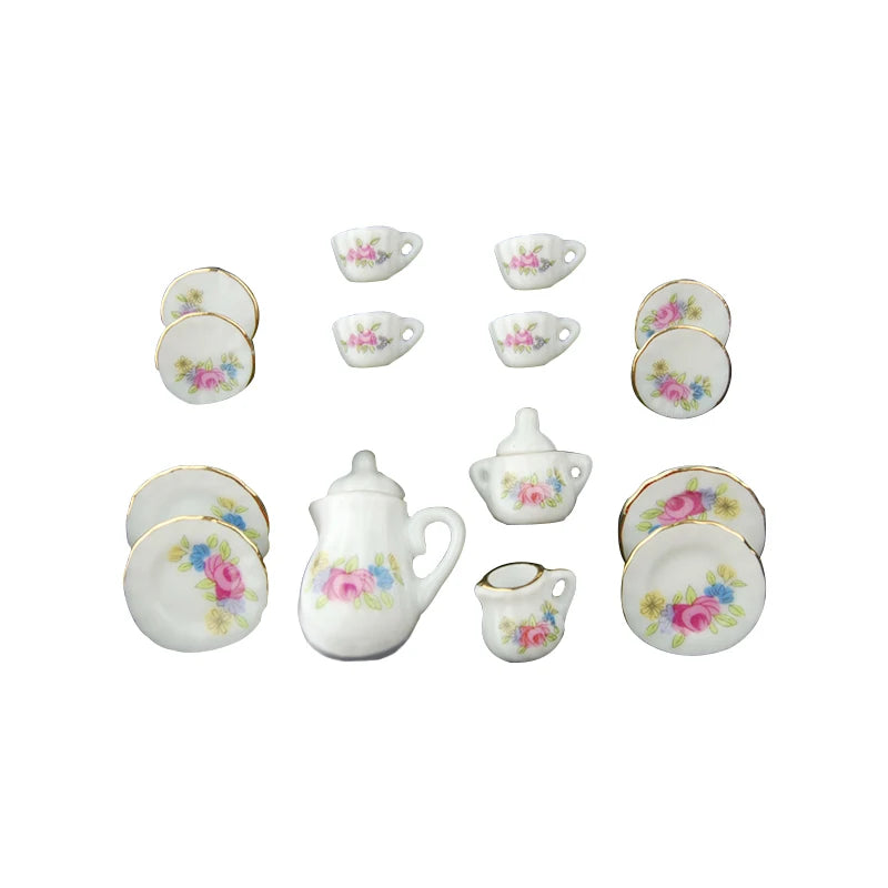 1:12 Scale Miniature Porcelain Tea Set With Colorful Flower For Dollhouse Accessories 15PCS