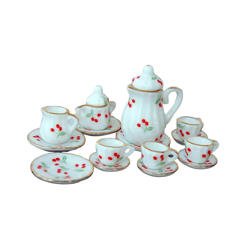 1:12 Scale Miniature Porcelain Tea Set With Colorful Flower For Dollhouse Accessories 15PCS