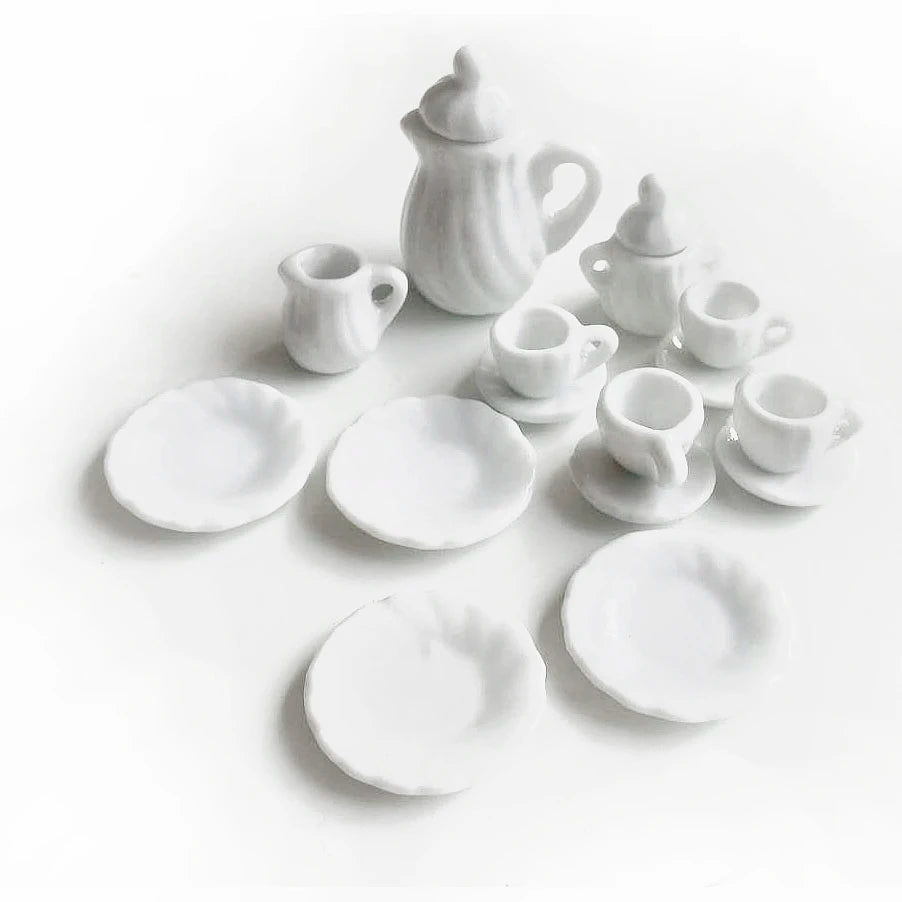 1:12 Scale Miniature Porcelain Tea Set With Colorful Flower For Dollhouse Accessories 15PCS