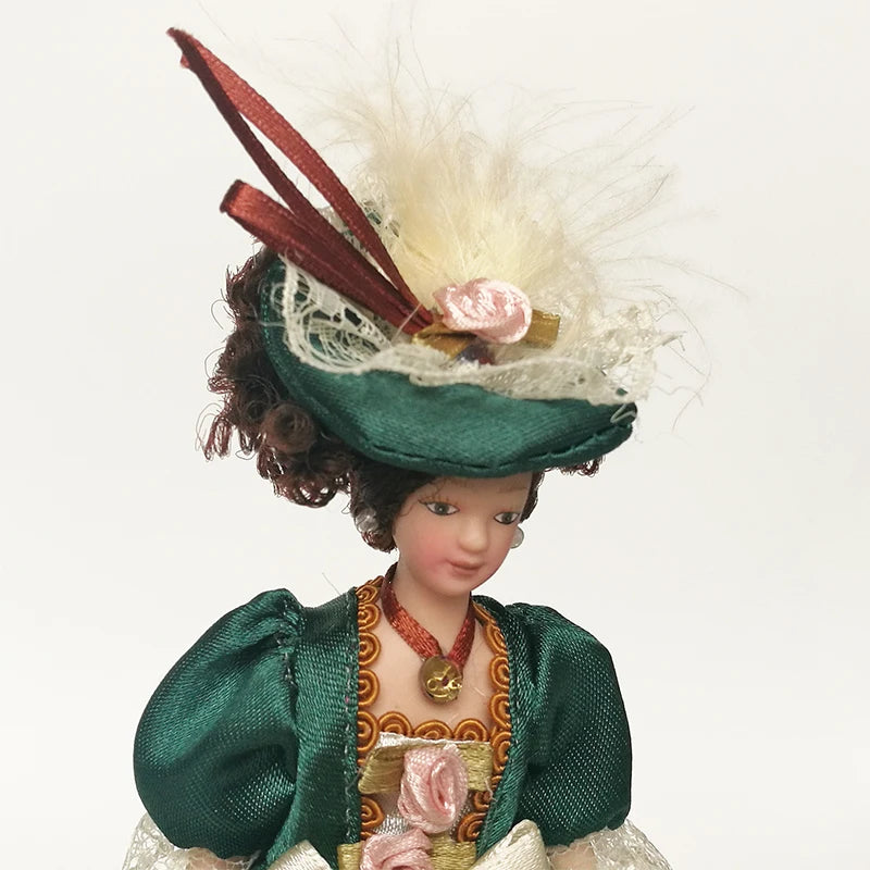 1:12 Scale Miniature Porcelain Victorian Doll Model Green Dress Lady For Dollhouse