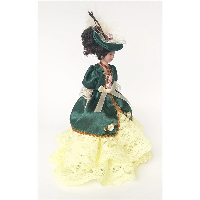 1:12 Scale Miniature Porcelain Victorian Doll Model Green Dress Lady For Dollhouse