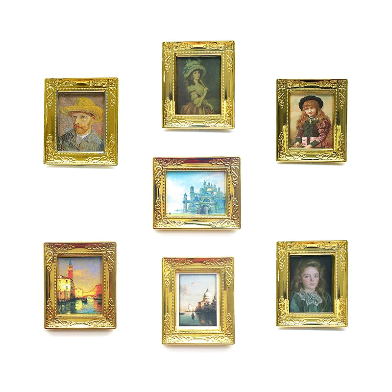 Accesorios en miniatura para casa de muñecas a escala 1:12, cuadros enmarcados, foto, pintura al óleo, mural para decoración de sala de estar, figura de paisaje