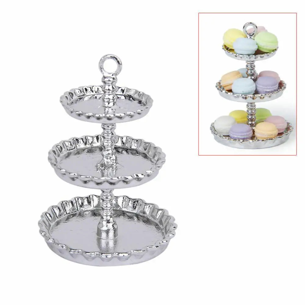 Bandeja para tarta de 3 niveles en miniatura de casa de muñecas plateada a escala 1:12 para accesorios de muñecas de juguete