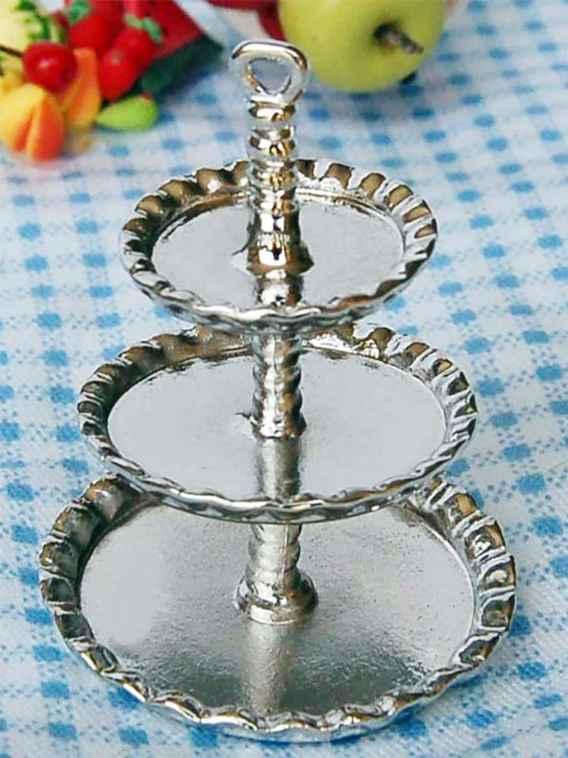 Bandeja para tarta de 3 niveles en miniatura de casa de muñecas plateada a escala 1:12 para accesorios de muñecas de juguete