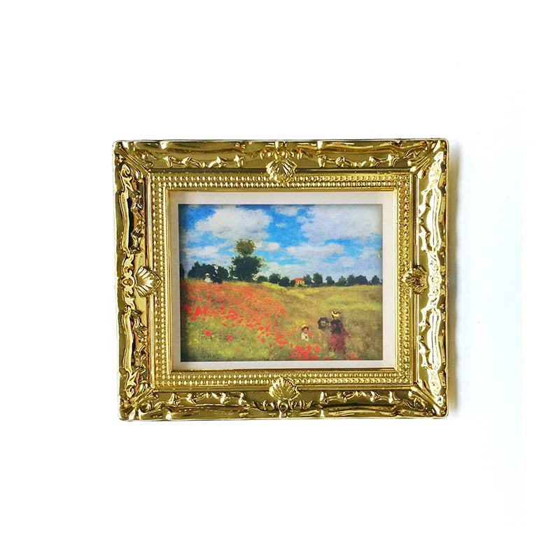 Mural de pared en miniatura a escala 1:12 con girasol dorado de Vincent Van Gogh para sala de estar, accesorios para casa de muñecas con marco dorado.