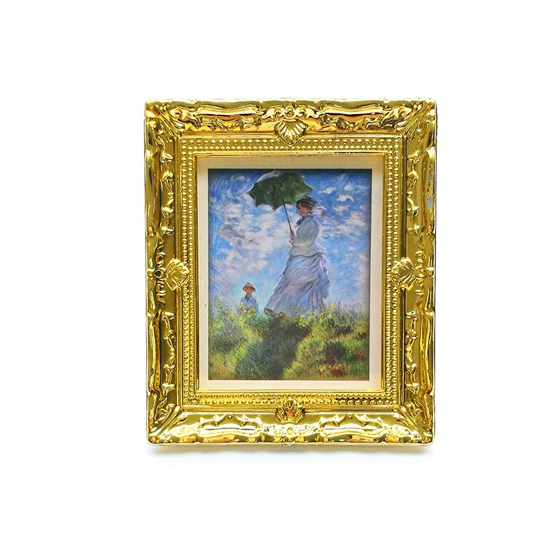 Mural de pared en miniatura a escala 1:12 con girasol dorado de Vincent Van Gogh para sala de estar, accesorios para casa de muñecas con marco dorado.