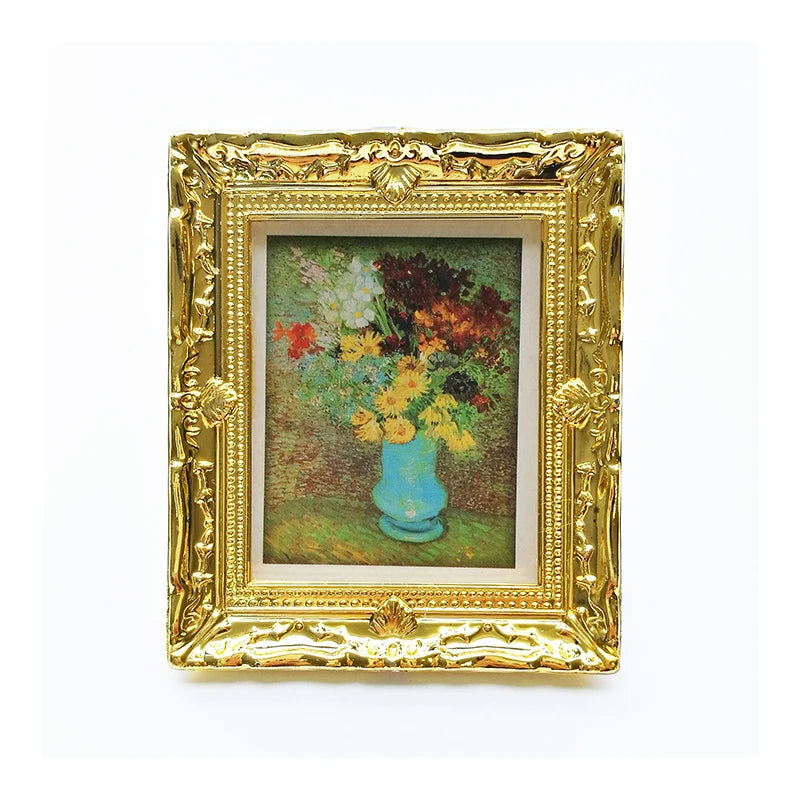 Mural de pared en miniatura a escala 1:12 con girasol dorado de Vincent Van Gogh para sala de estar, accesorios para casa de muñecas con marco dorado.