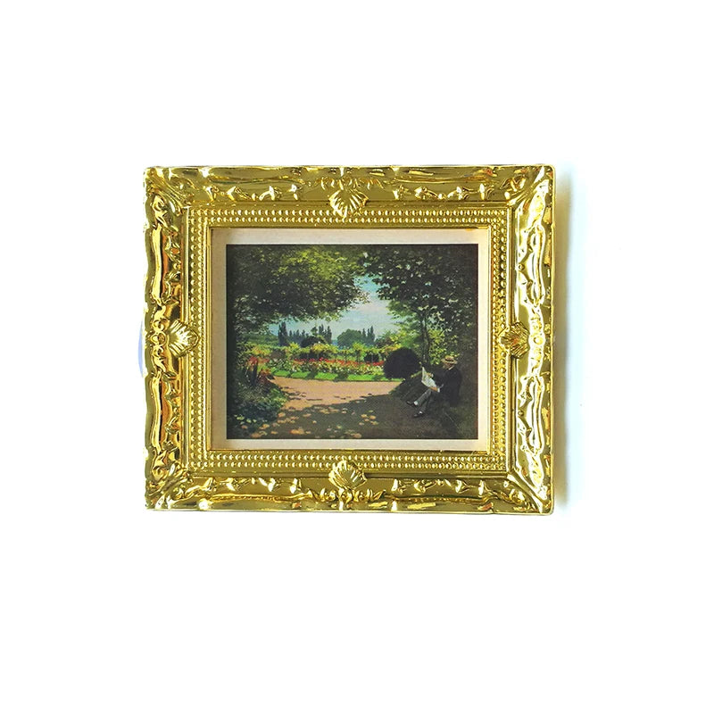 Mural de pared en miniatura a escala 1:12 con girasol dorado de Vincent Van Gogh para sala de estar, accesorios para casa de muñecas con marco dorado.