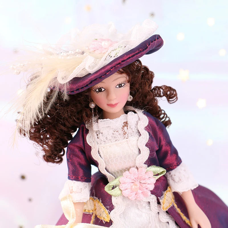 1:12 Scale Miniature Doll With Stand Purple Dress Lady Dollhouse Accessory Toy For Girls