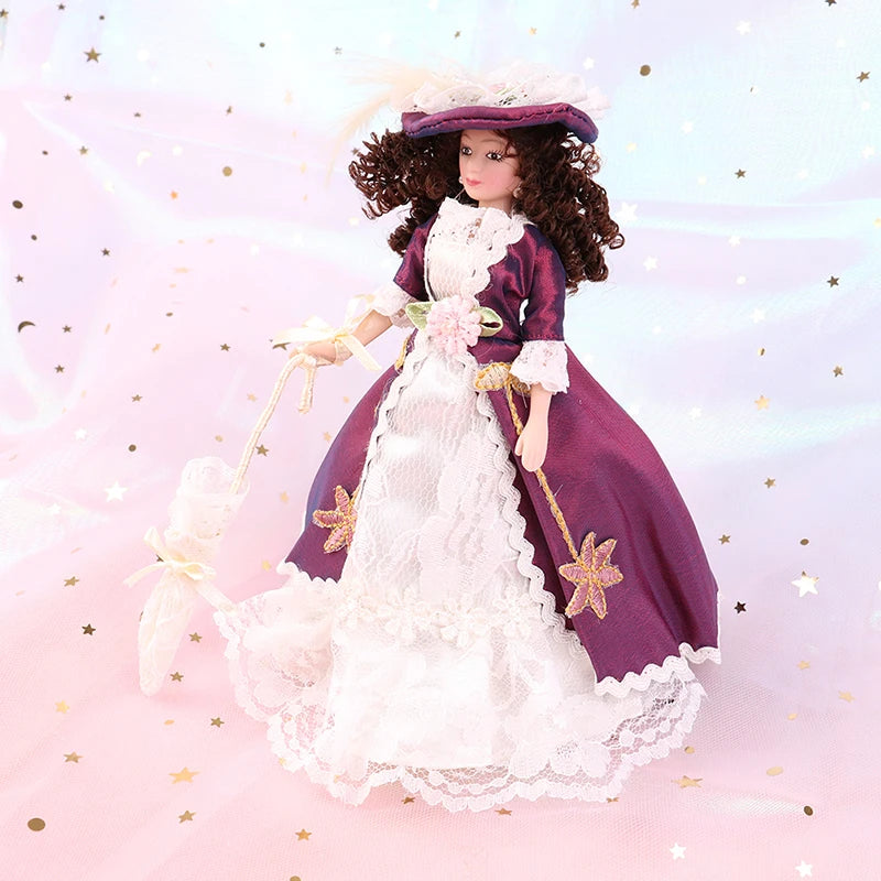 1:12 Scale Miniature Doll With Stand Purple Dress Lady Dollhouse Accessory Toy For Girls